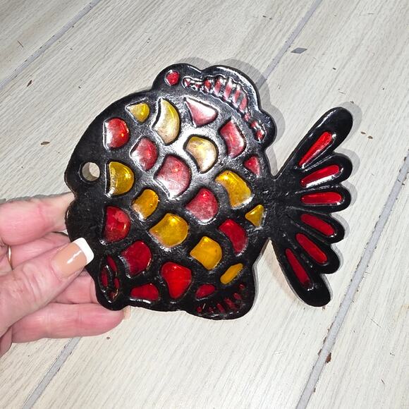 Vtg 70s Cast Iron Stained Glass Fish Trivet Stove Kitchen Decor Spoon Rest - Picture 2 of 4